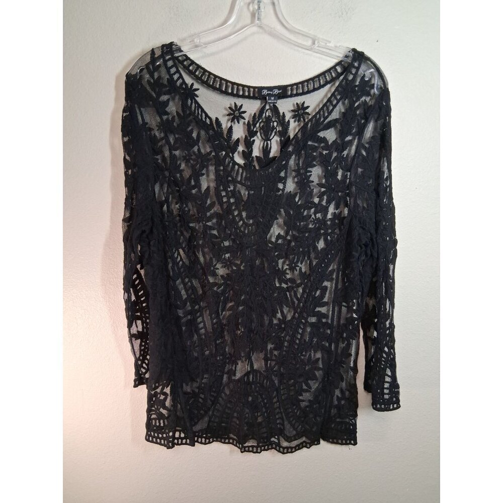 Brittany Black Top Knit Blouse Boho Whimsigoth Lace Sheer Business Casual Medium - Picture 3 of 4